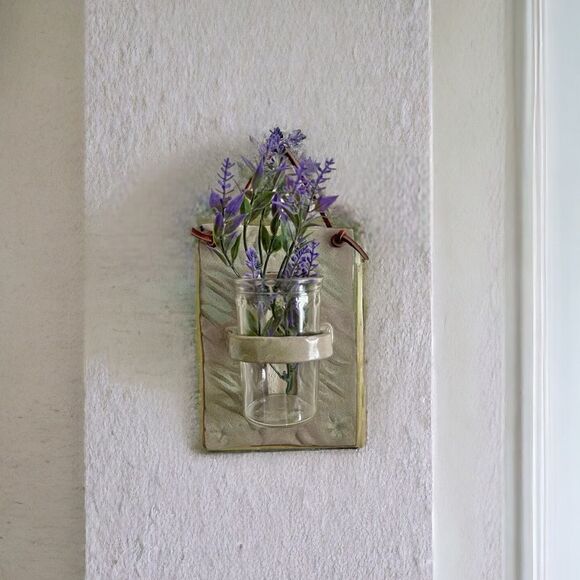 Handcrafted Pottery Glazed Sage Taupe Wall Sconce Vintage Star Rim Jelly Jar - Picture 1 of 12